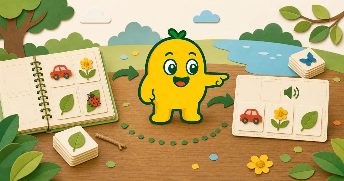 保存した発見のアルバムから、絵と音声のクイズカードへ案内するKORENANIのキャラクター