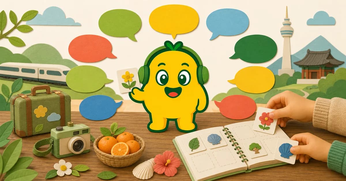 スーツケース、カメラ、図鑑、文字のない9つの音声バブルに囲まれて旅の発見を聞くKORENANIのキャラクター