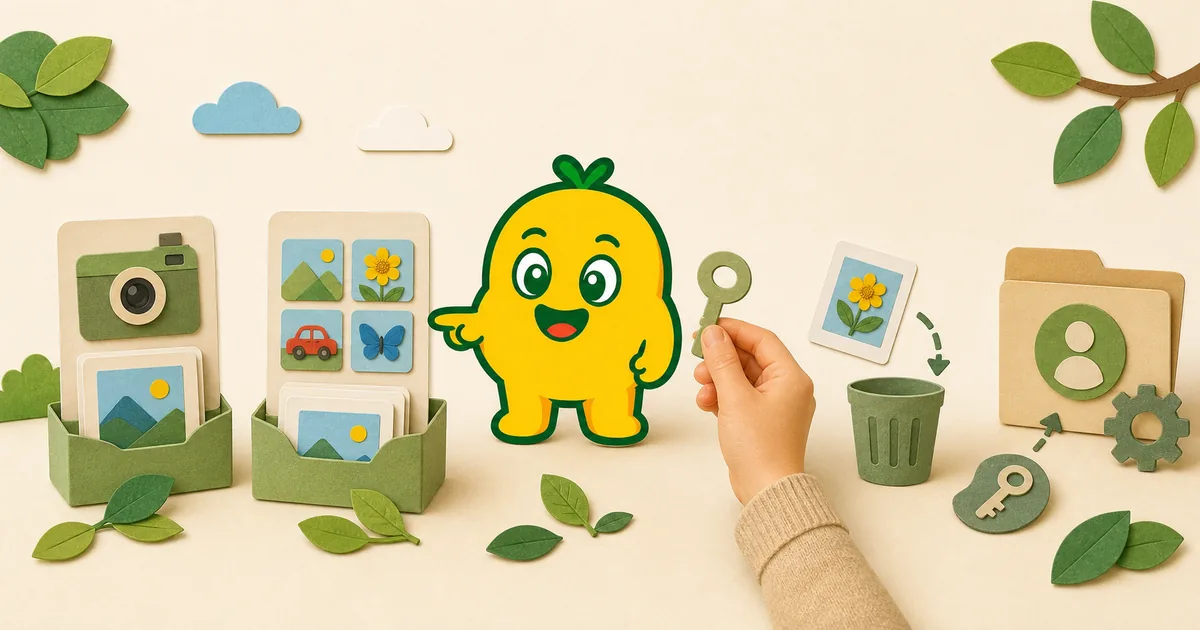 カメラ権限、写真保存、個別アイテム削除、アカウント操作を分けて案内するKORENANIのキャラクター