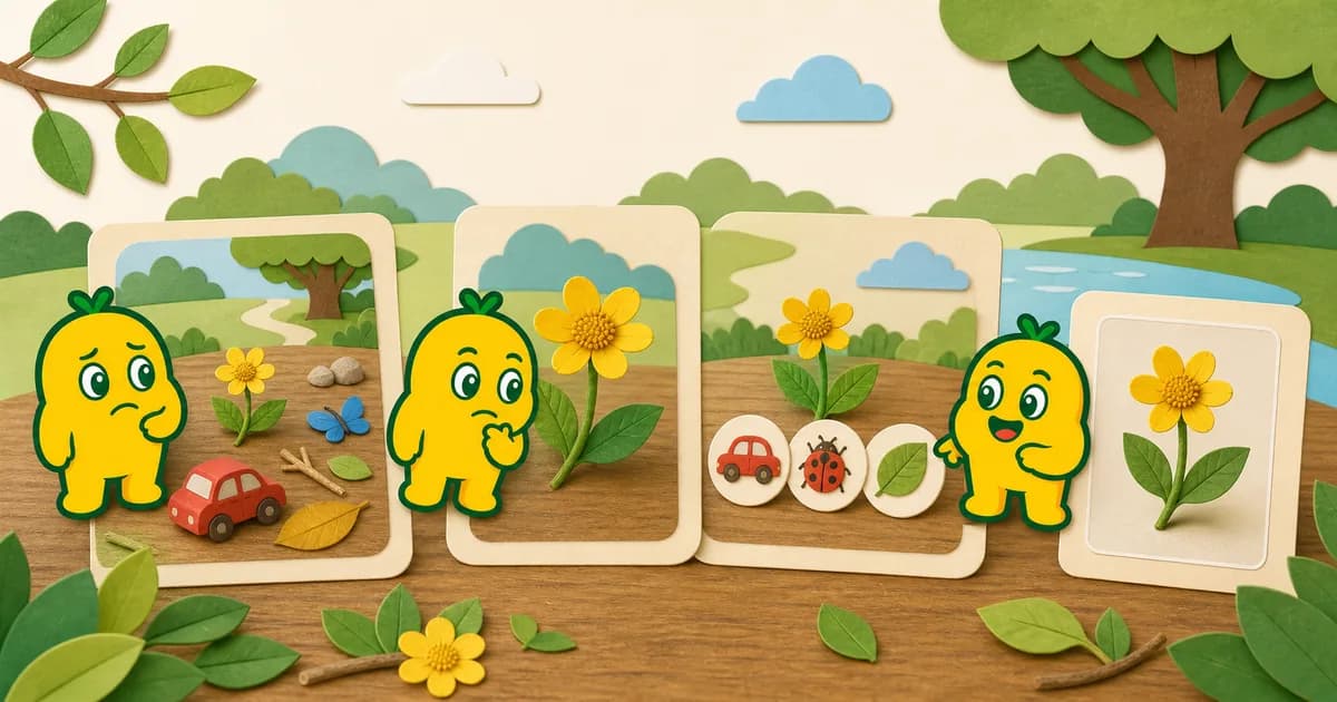 KORENANIのキャラクターが花へ近づき、角度を変え、認識モードを確認する流れ