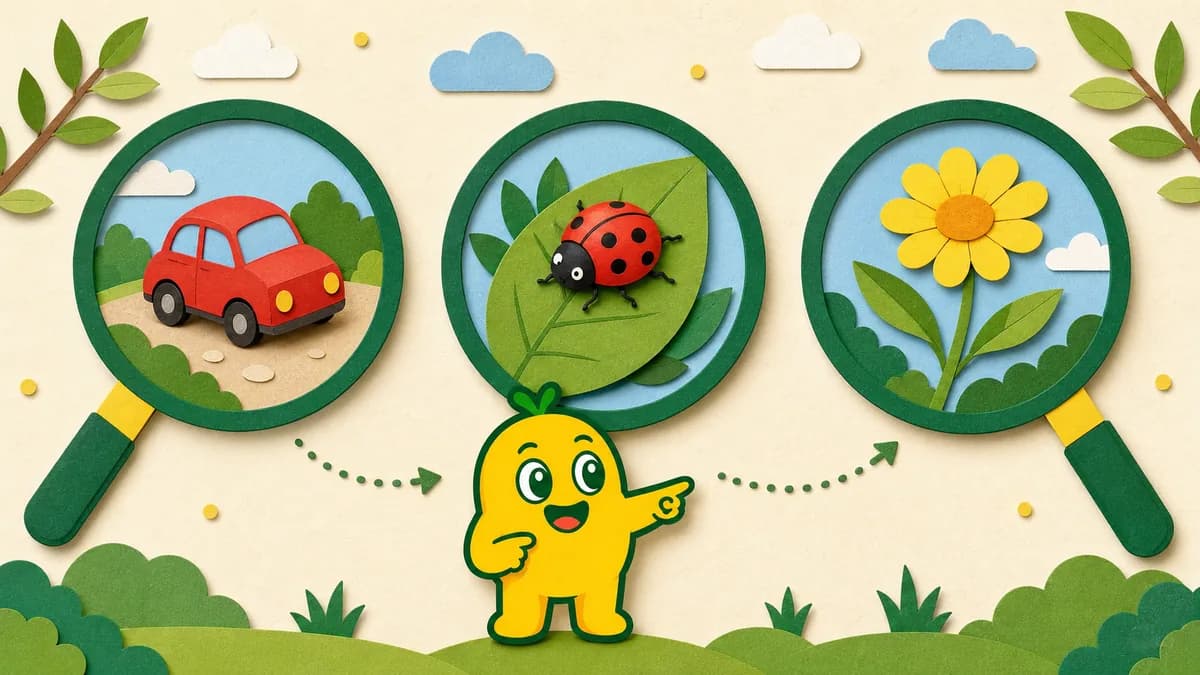 Three finder lenses showing a toy car, a ladybug, and a flower