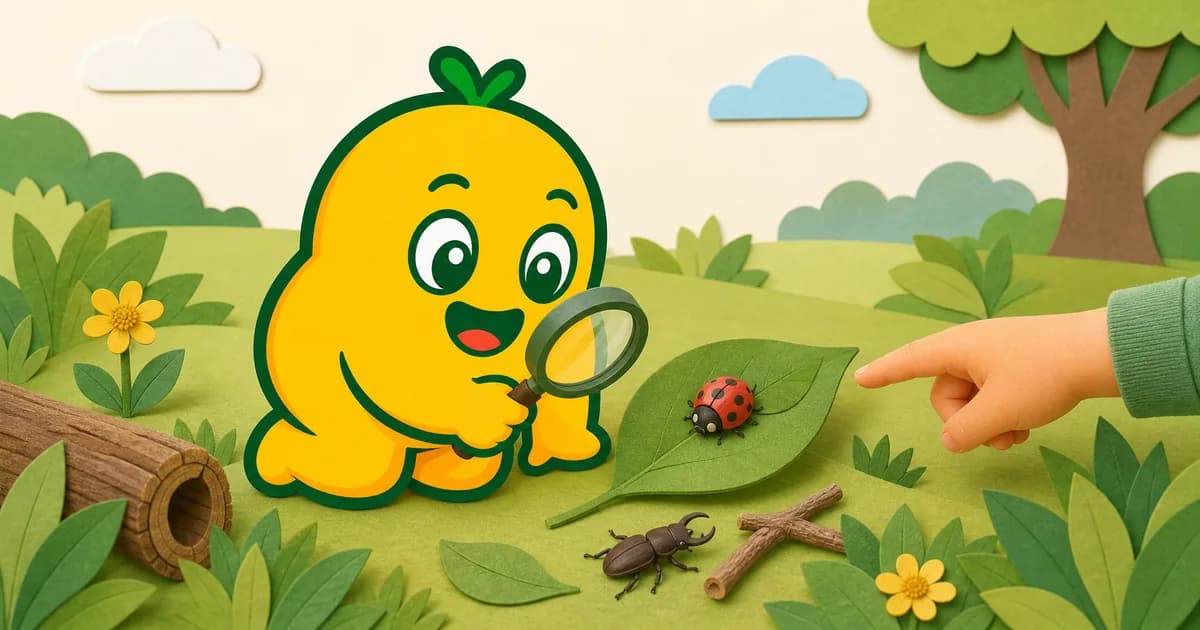 KORENANI mascot and a child hand observing a ladybug and beetle from a respectful distance