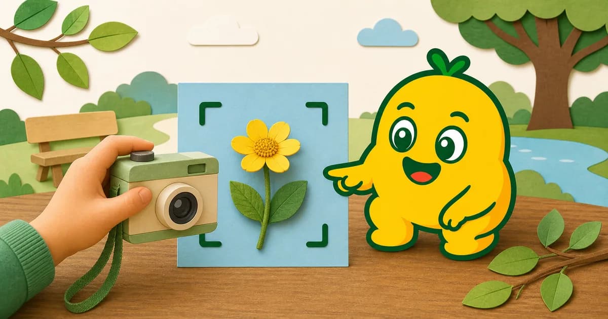 KORENANIのキャラクターが案内する横で、保護者が青い背景の黄色い花全体を撮影する様子